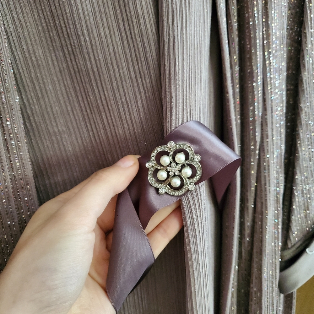 R&M Richards Shimmery Pleated Dress w/ Overlayer and Belt Accents - Picture 4 of 6